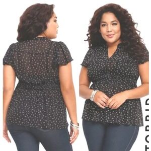Torrid Music Note Blouse Size 4/4X Black Smocked Waist Ruffle Chiffon Top